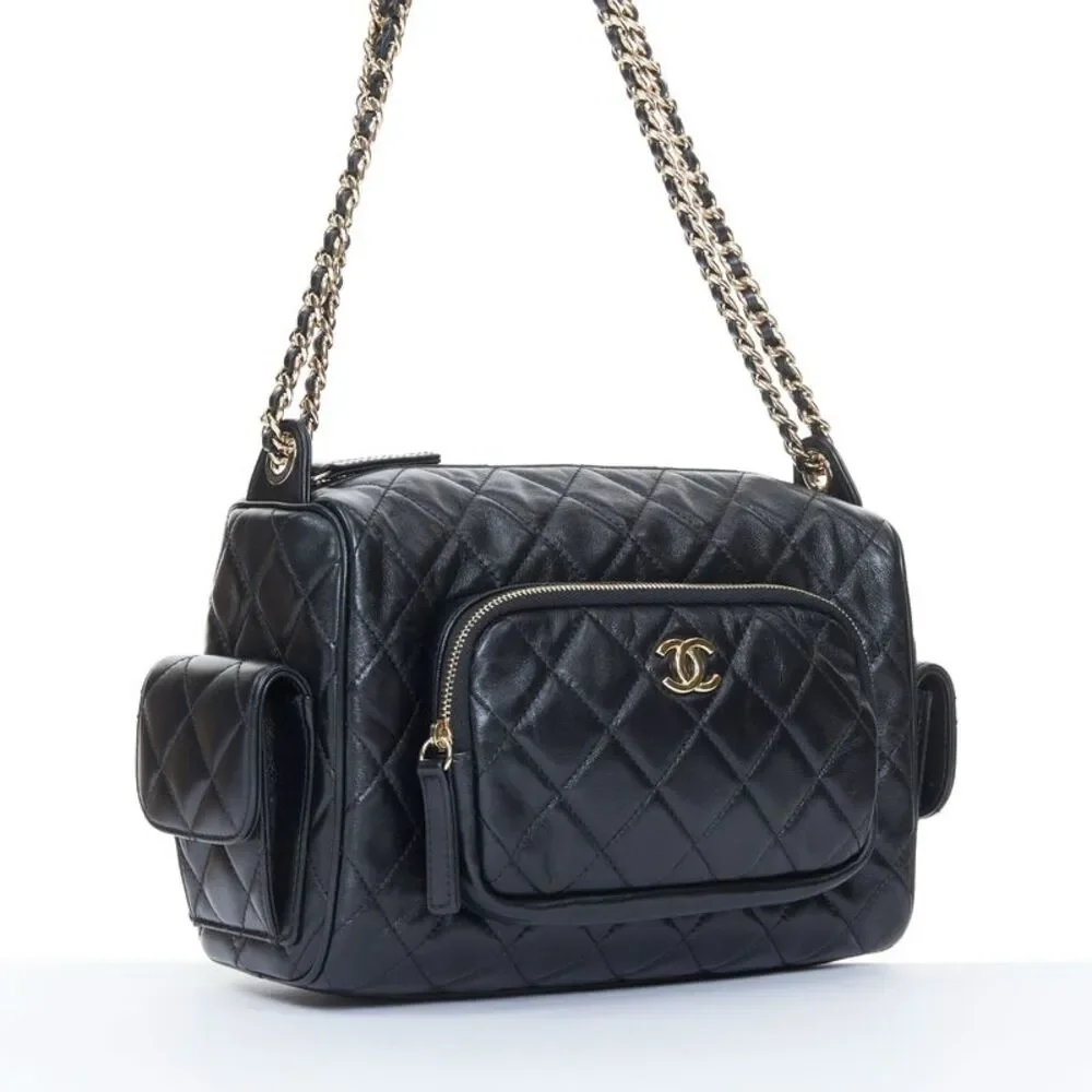 Chanel 2024 Black Leather Multi-Pocket Camera Case Bag